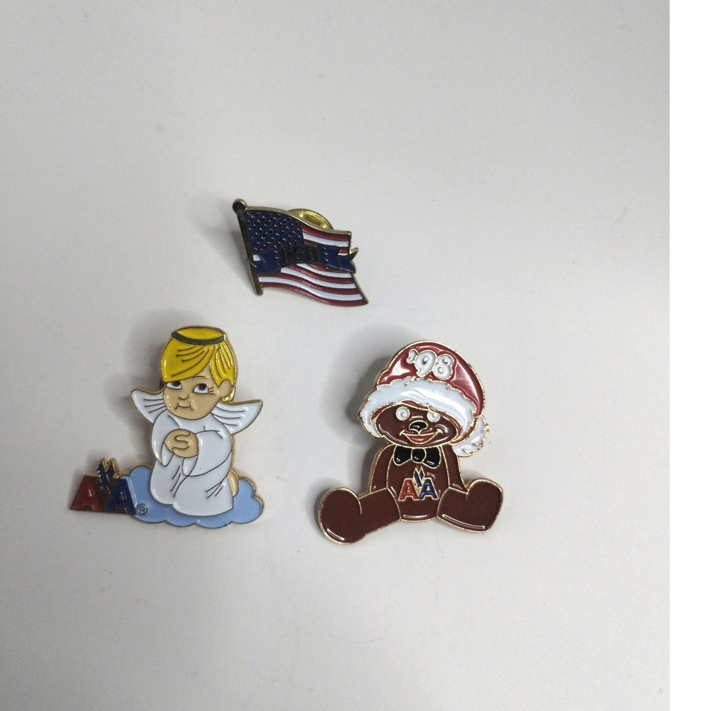 American Airlines Vintage‎ Enamel Lapel Pin Lot Christmas Bear Angel USA Flag